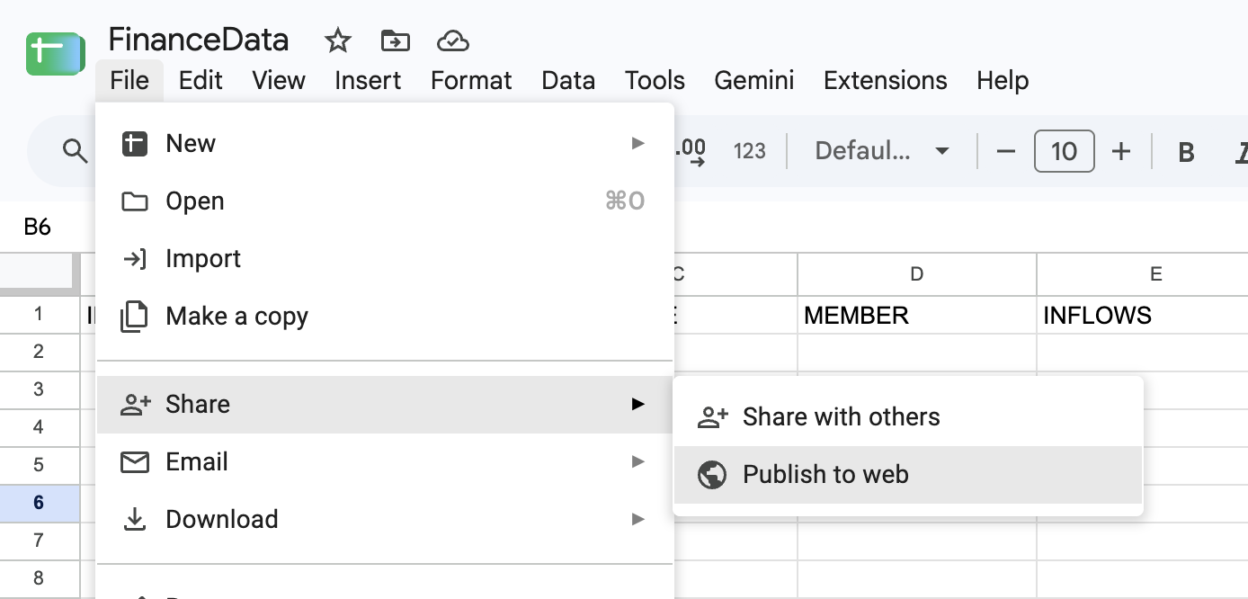 Publish to web menu