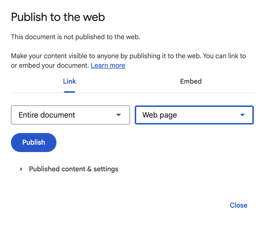 Publish to web dialog